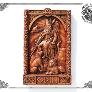 Odin with his Ravens ans Wolves, luxury wood carved portrait, Norse decor wooden wall hanging plaque, Viking sculpture, Norse mitology,