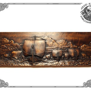 Awe-Inspiring Drakkars Panorama: Intricately Handcrafted Wood Carved Wall Art - Exquisite Luxury Viking Decor for Home