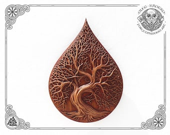 May include: A wooden carving of a tree of life in the shape of a teardrop. The tree is intricately carved with branches and roots, and the wood is a rich brown colour.