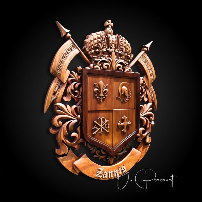 Custom Family Crest Wood Carving, Bespoke Chi-Rho and Spartan Helmet Heraldry, Personalized Fleur-de-lis Coat of Arms, Christian Wall Art image 7