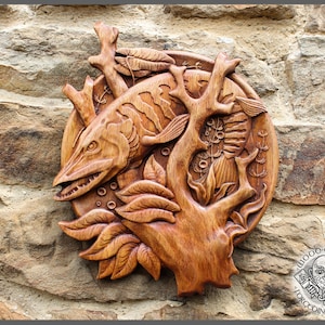 PIKE - Graceful wood carving picture, Wild life wall art, Fisher gift, Cabin rustic home decor, Fishing carving wall hanging, Rustic art
