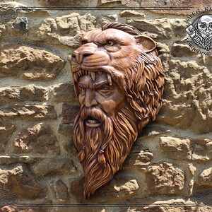 Berserker wood carved portrait, Luxury wooden wall hanging plaque, Viking decor sculpture, Norse mitology, Heathen wall hanging art.