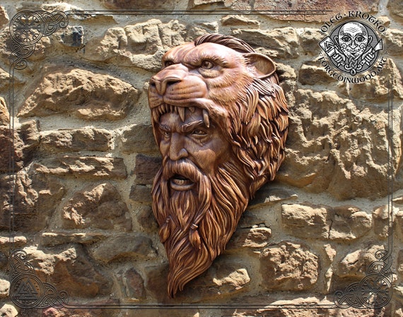 バーサーカーの木彫り肖像画、高級木製壁掛け飾り板、バイキング