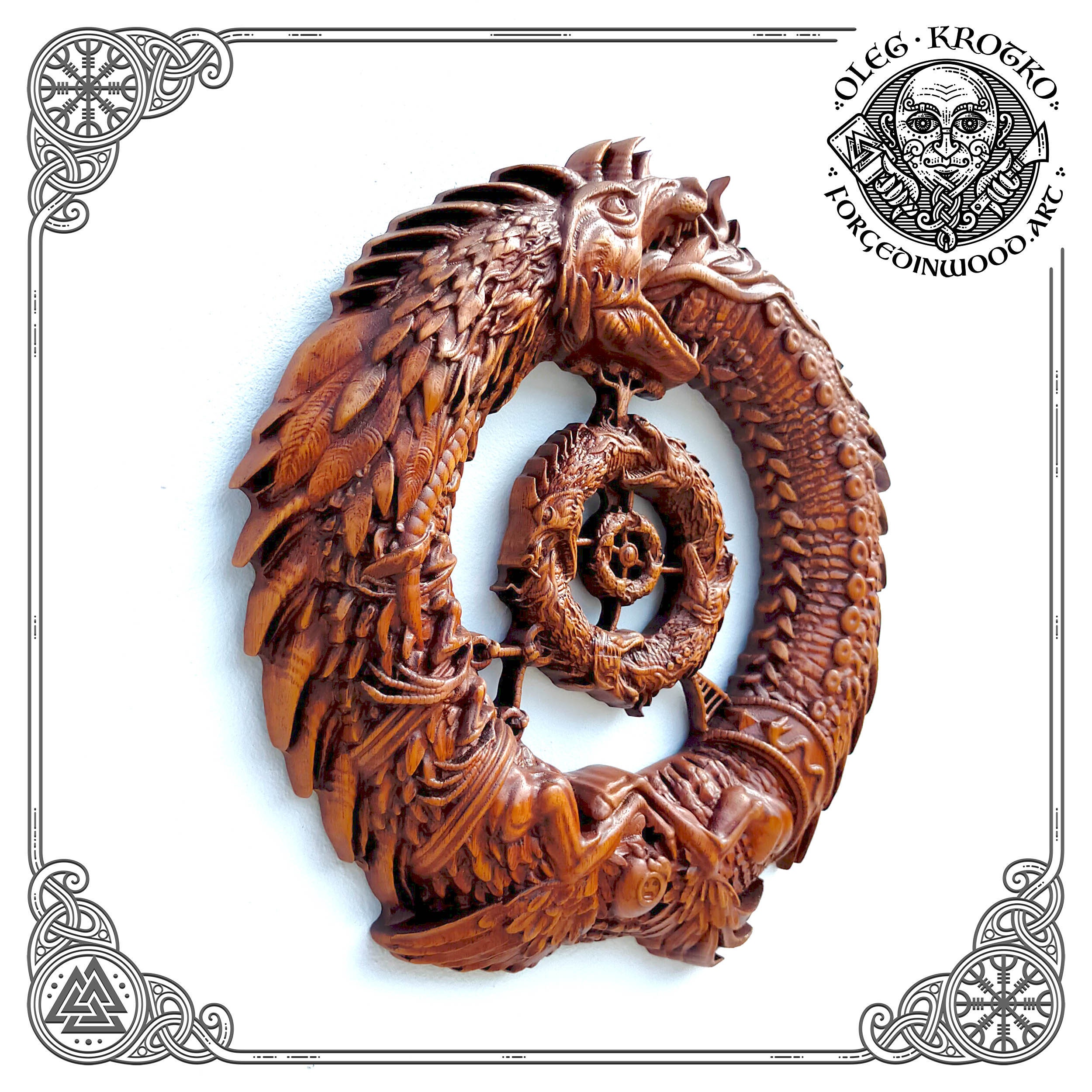 Hand Carved Ouroboros Dragon, Norse Mythology Iroko Wood Wall