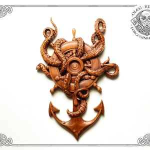 Arte de parede náutica esculpida em madeira Iroko, representando um polvo, uma âncora e um timão de navio.
