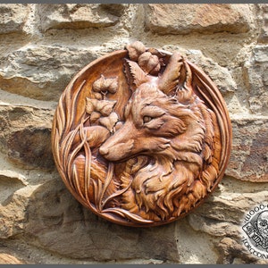 FOX - Graceful wood carving animal picture. Wild Life Wall Art, Hunter Gift, Cabin Rustic Home Decor, Carving Wall Hanging, Rustic Carving