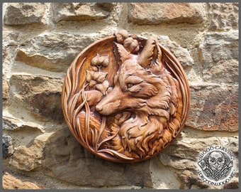 FOX - Graceful wood carving animal picture. Wild Life Wall Art, Hunter Gift, Cabin Rustic Home Decor, Carving Wall Hanging, Rustic Carving