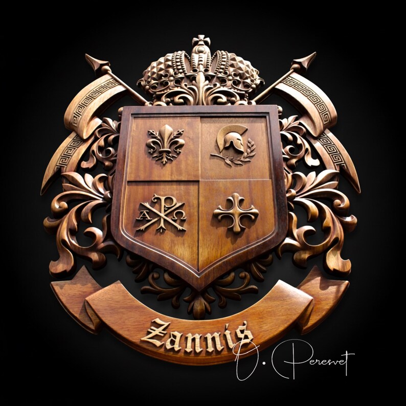 Custom Family Crest Wood Carving, Bespoke Chi-Rho and Spartan Helmet Heraldry, Personalized Fleur-de-lis Coat of Arms, Christian Wall Art image 6