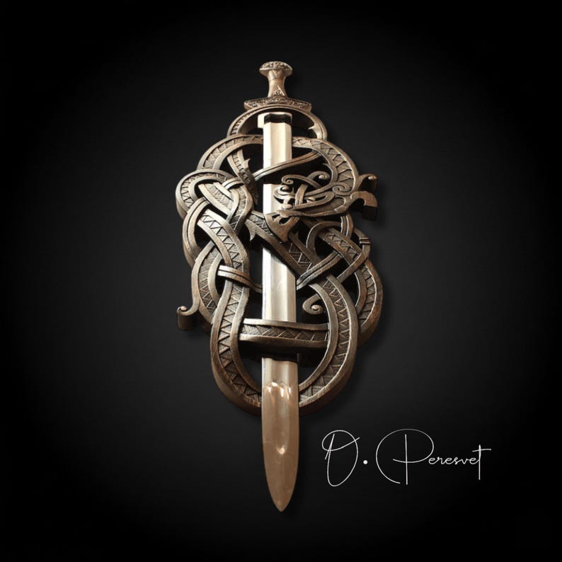 BLACK FAFNIR: met de hand gesneden Viking-slangenzwaardtroon – hoge dichtheid hardhouten wanddisplay van museumkwaliteit afbeelding 7