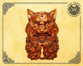 Magnificent Handcrafted Wolf Norse Totem Wood Carving, Majestic Homage to Viking Legacy, Celtic Artistry, and Profound Wilderness Spirit.