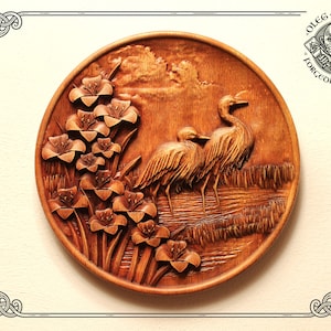 Expertly crafted carving relief with a pair of cranes symbolizing a strong, loving couple. Perfect for elegant interior home decoration.