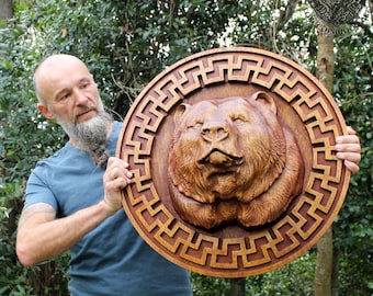 Handcrafted Iroko Wood Bear Totem: Norse Wall Hanging