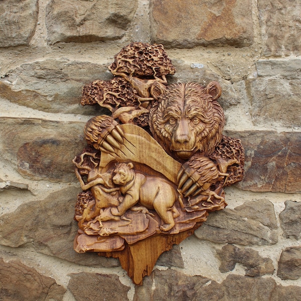 Animal Carved Bear Wood Wall Hanging Home Decor Woodwork Totem Art Housewarming Gift Landscape Man Cave Nature Rustic Living Room Wall Decor