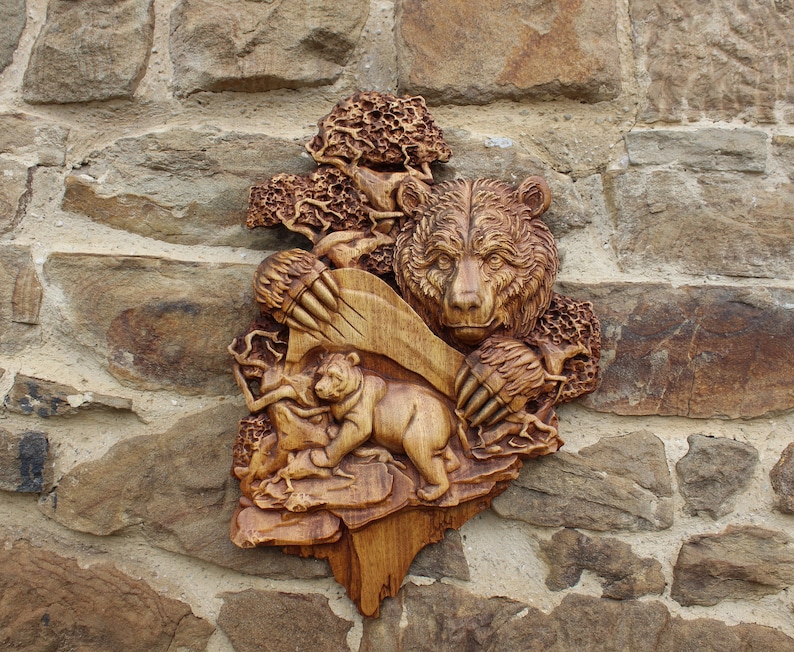 Tier Geschnitzt Bär Holz Wand Hängen Home Decor Holzarbeiten Totem Art Housewarming Geschenk Landschaft Mann Höhle Natur Rustikales