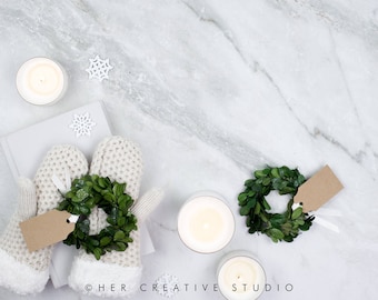 Download Free Square Styled Stock Photography | Grey and White Winter Mockup | Christmas Wreath | Christmas Photography | Holiday Styled Image PSD Template