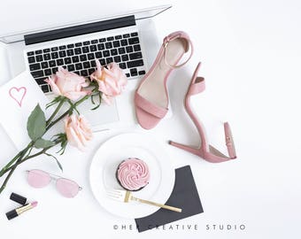 Styled Stock Photography | Pink Flatlay with Cupacake and heels | Styled Photography | Digital Image
