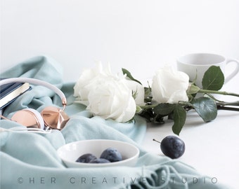Styled Stock Photography Portrait | White Roses, Blue And White Desk Accessories | Styled Photography | Digital Image