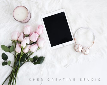 Styled Stock Photography | Flatlay Mockup, Pink Roses, Rose Gold headphones and Desk Accessories 2 | Styled Photography | Digital Image