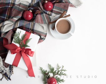 Download Free Styled Stock Photography | Christmas Gift with Red Ribbon & Plaid 9 | Ipad Mockup | Styled Photography | Digital Image PSD Template