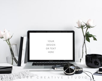 Black and White Laptop Mockup: Styled Desk Photo (Digital Image)