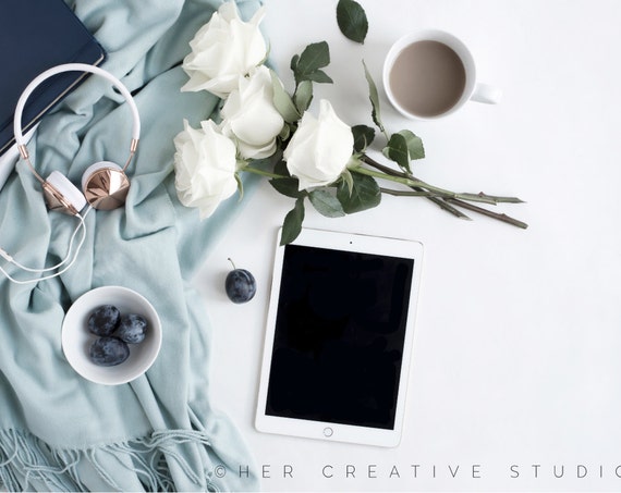 Styled Stock Photography Ipad Mockup White Roses Blue Styled Stock Photography Ipad Mockup White Roses Blue