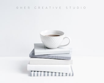 Notebook Stack Styled Stock Photo: Coffee Cup, Natural Light (Digital Image)