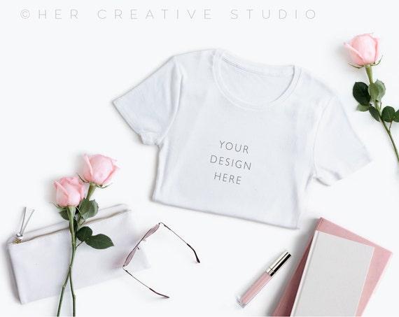 T-Shirt Mockup White T-Shirt With Roses T-Shirt Mockup White T-Shirt With Roses
