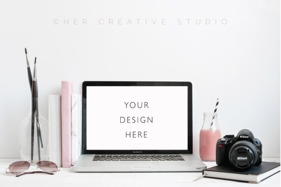 Styled Stock Photography Laptop Mockup With Desk Accessories Pink