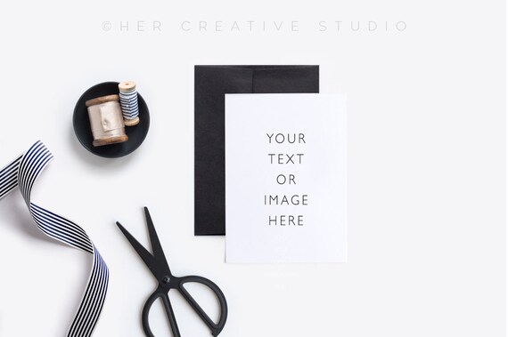 Card Mockup With Stripped And Pale Gold Ribbon Scissors