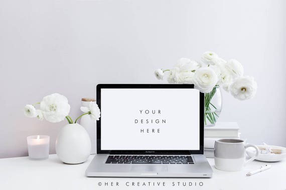 Styled Stock Photography Ranunculus And Laptop Mockup 2