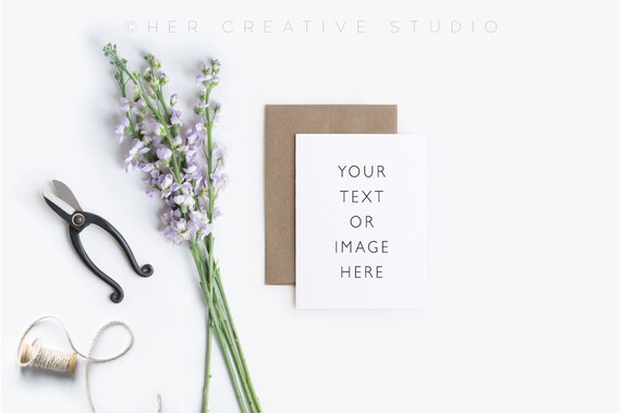 Card Mockup With Purple Flowers Twine And Floral Scissors Card Mockup With Purple Flowers Twine And Floral Scissors