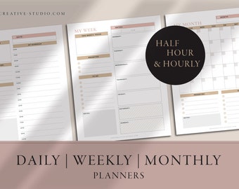 Daily, Weekly Monthly Planner | Daily Planner Printable | Half Hour Planner | Hourly Planner | Fillable Daily Planner | Day