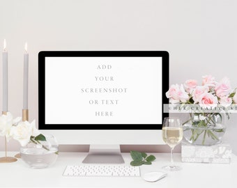 Styled Stock Photography | Desktop Mockup| Roses with Grey Candles and Wine | Styled Photography | Digital Image