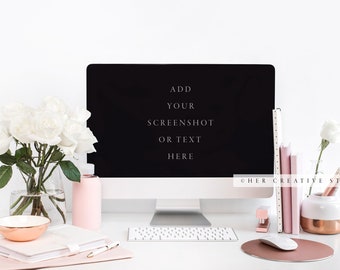 Styled Stock Photography | Desktop with White Roses, Rose Gold Desk Accessories | Styled Photography | Digital Image