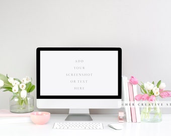 Spring Tulips Computer Mockup: Styled Desktop Photo (Digital Image)