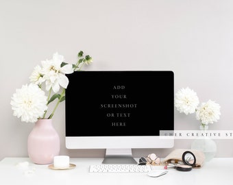Dahlias and Makeup Styled Stock Photo: Computer Mockup (Digital Image)