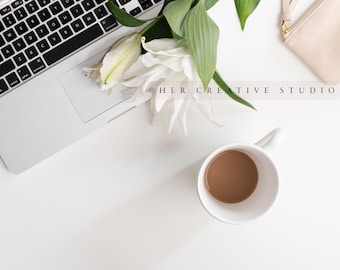 Styled Stock Photography: Coffee, Lily, and Laptop (Digital Image)