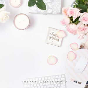 Styled Stock Photography | Flatlay | Roses with Pink and White Desk Accessories  | Styled Photography | Digital Image