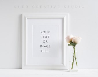 White Frame Mockup: Blush Roses, Styled Stock Photo (Digital Image)