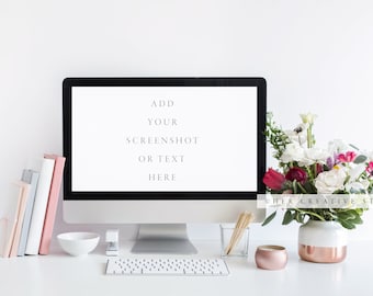 Computer Mockup Styled Stock Photo: Rose Gold Desk, Floral (Digital Image)