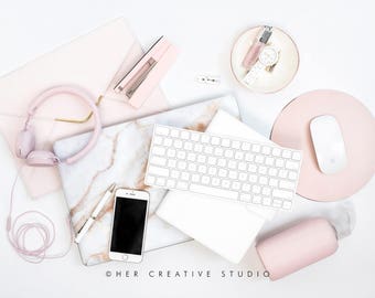 Styled Stock Photography | Flatlay image | White and Pink Desk Accessories  | Styled Photography | Digital Image