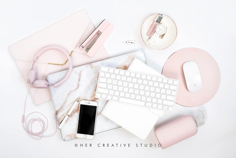 Styled Stock Photography Flatlay Image White And Pink Desk Accessories Digital