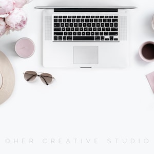 Styled Stock Photograph, Laptop With Hat, Peonies and Desk Accessories | Digital Image | Styled Desktop
