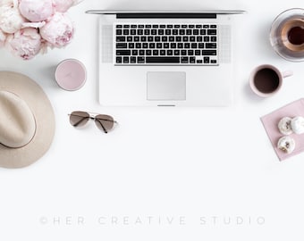 Styled Stock Photograph, Laptop With Hat, Peonies and Desk Accessories | Digital Image | Styled Desktop