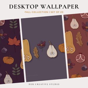 Puede incluir: Un conjunto de 20 fondos de pantalla digitales para escritorio con temática otoñal. Los fondos de pantalla presentan una variedad de elementos otoñales, incluyendo calabazas, calabacines, peras, hojas y granadas. Los colores son cálidos y acogedores, con tonos de marrón, naranja, rojo y morado.