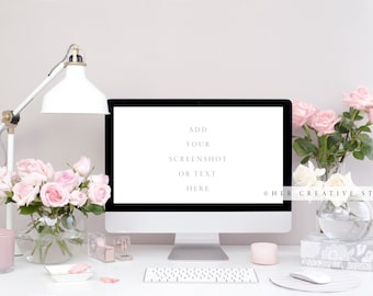 Styled Stock Photo: Pink Roses Desktop Mockup (Digital Image)
