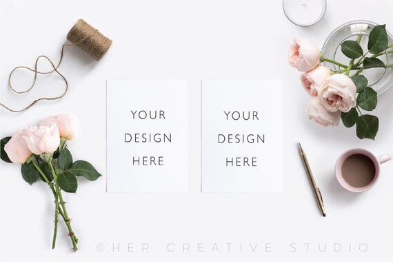 Card Mockup Styled Stock Photo: Blush Roses Invitation
