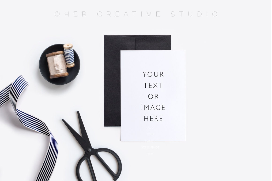 Download Card Mockup With Stripped And Pale Gold Ribbon Scissors And A Etsy