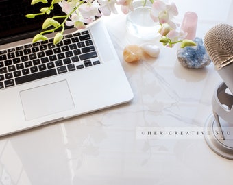 Wellness Styled Stock Photo: Crystals, Laptop, Microphone (Digital JPG)
