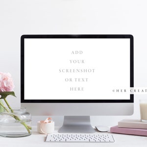 May include: A desktop computer with a blank screen, a keyboard, and a mouse sits on a white desk. A vase of pink flowers, a candle, and two books are also on the desk. The screen reads "ADD YOUR SCREENSHOT OR TEXT HERE".